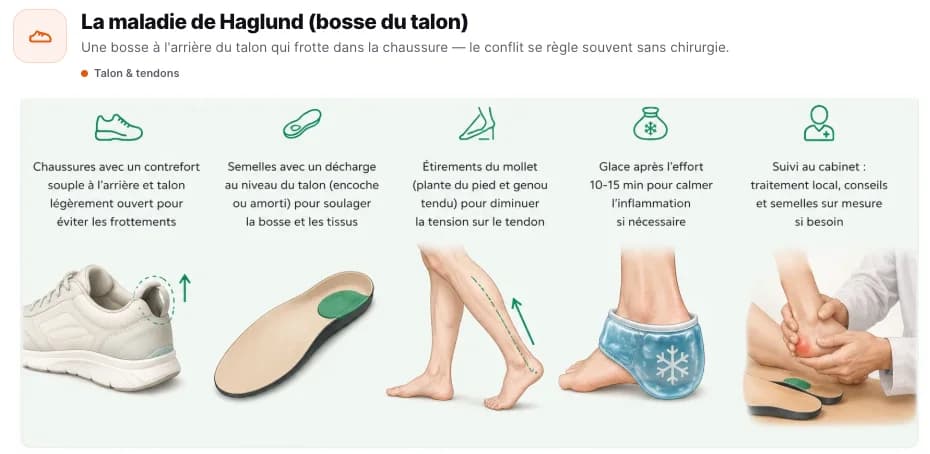 Extrait d'une fiche conseil OMNEON : la maladie de Haglund, cinq conseils illustrés (chaussures, semelles, étirements, glace, suivi au cabinet)
